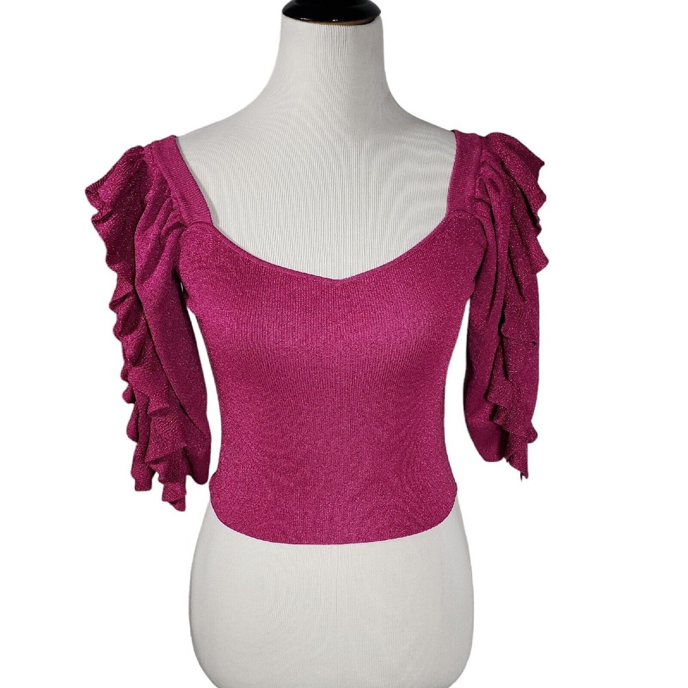 Zara Magenta Metallic Knit Ruffled Sleeve Short Top Women's Size Small